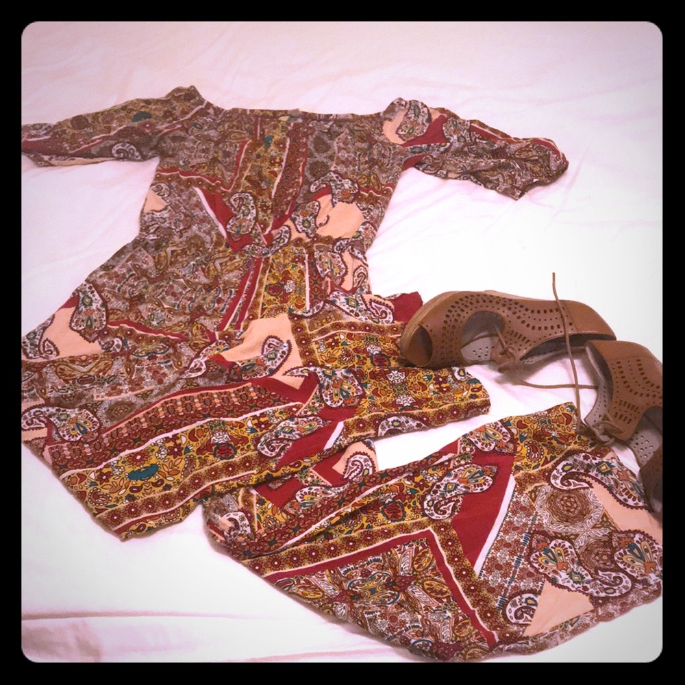 Off shoulder wide leg bohemian paisley jumpsuit